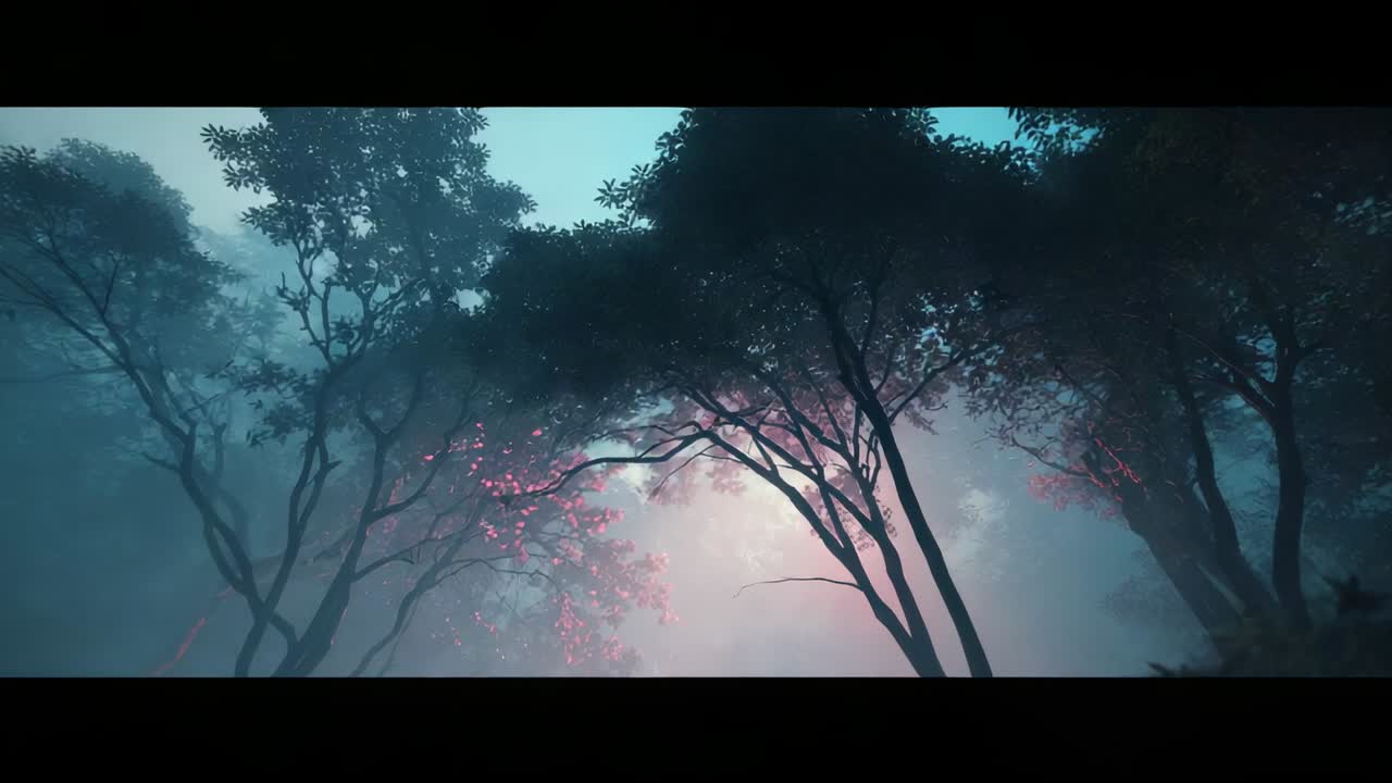Tilting camera revealing misty forest branches with pink blossoms in diffuse light to pale blue sky