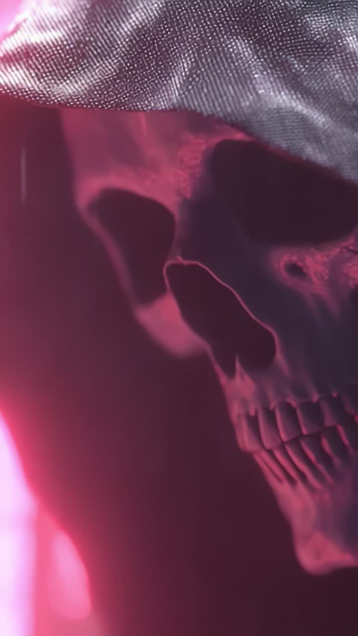 Una presenza spettrale: Uno studio dettagliato di un teschio misterioso avvolto nell'oscurità, illuminato da un bagliore etereo in un'ambientazione inquietante.