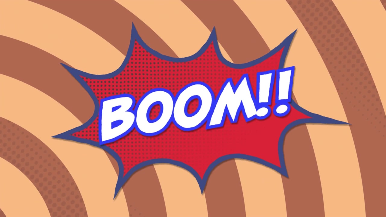Animation of boom text over retro speech bubble and circles in seamless pattern on pink background