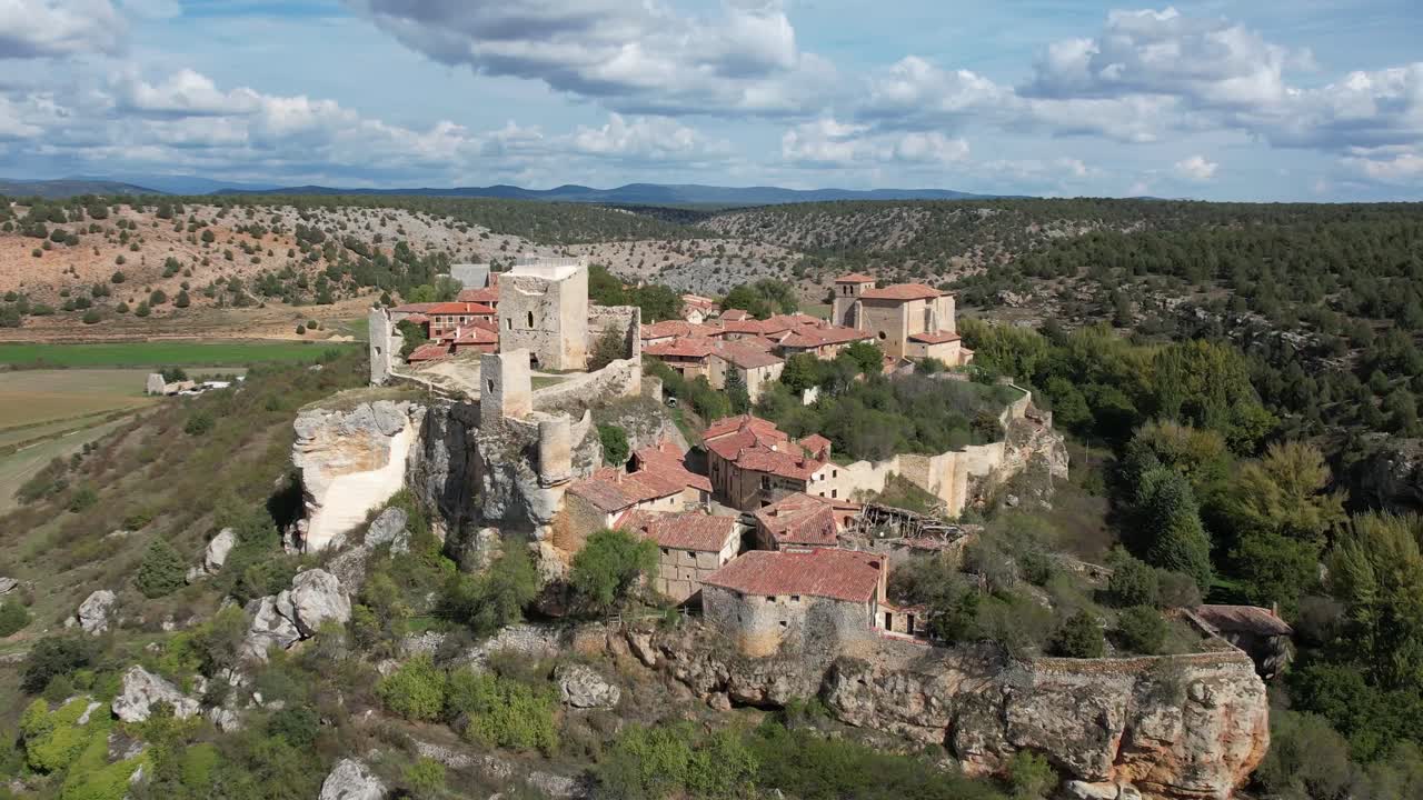 Aerial drone view of the beautiful Medieval village of Calata&ntilde;azor, in Soria, Spain