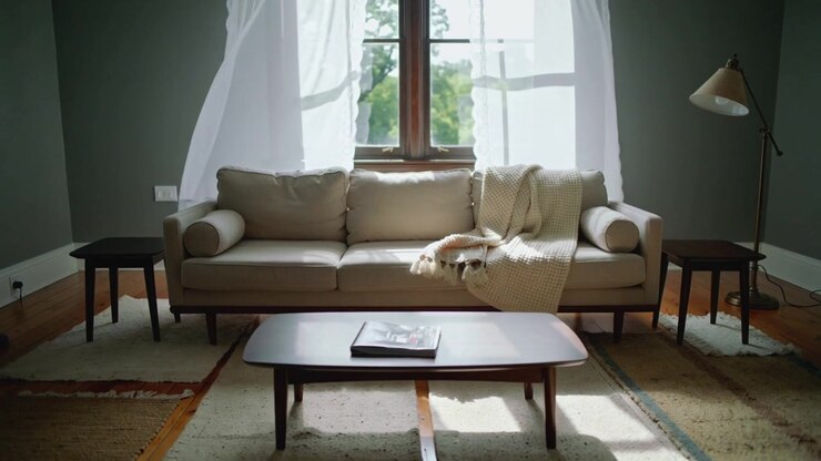 Billowing curtains by breeze moving sunlight at home onto sofa with cream throw, resting dog