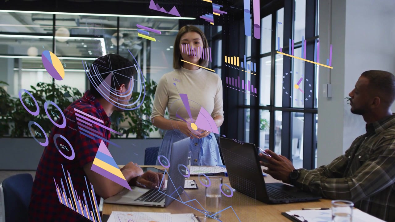 Standing woman leading business, speaking and gesturing, activating charts and presenting data