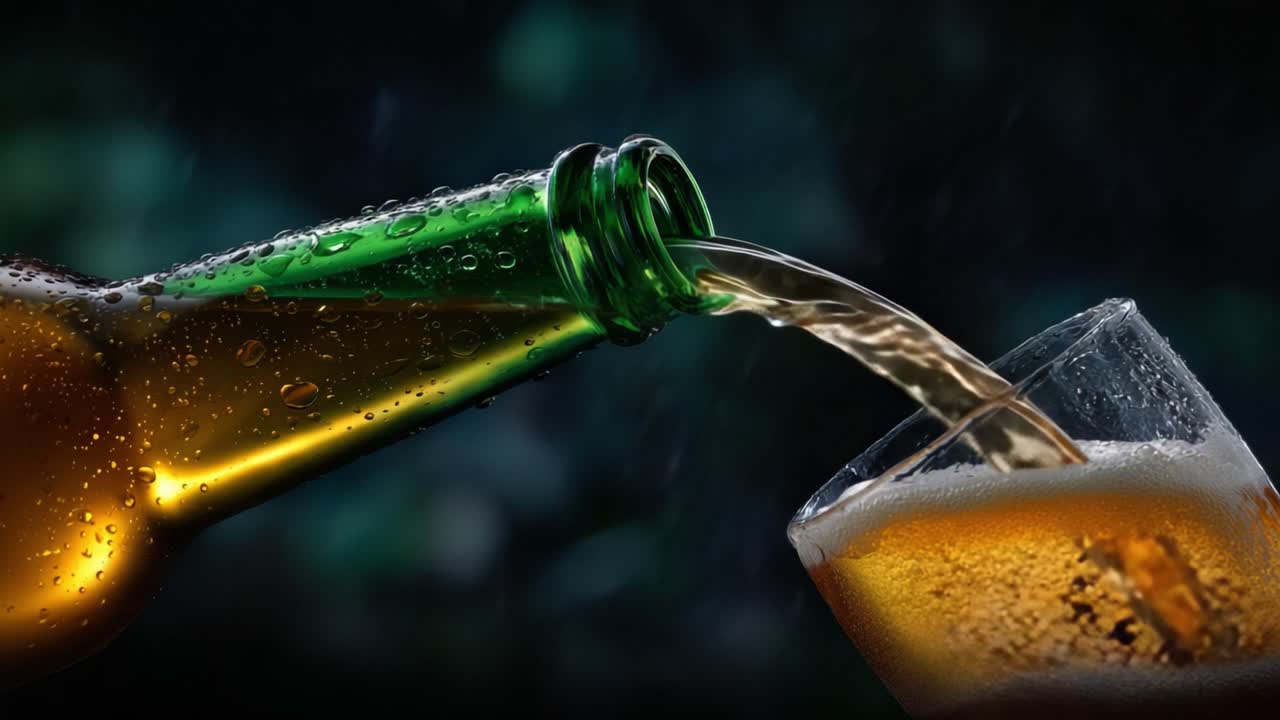 Bevanda rinfrescante che si versa da una bottiglia verde in un bicchiere trasparente, catturando la freschezza e l'effervescenza di una bevanda frizzante su uno sfondo scuro.