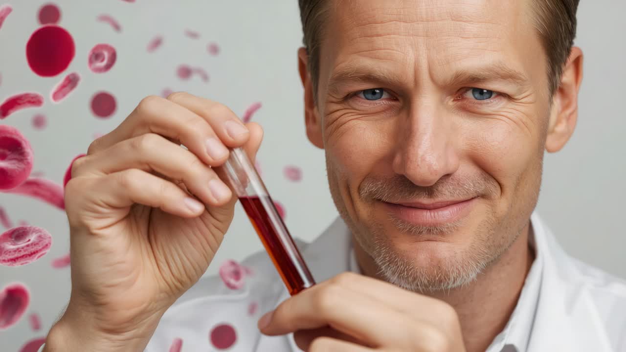 Raising test tube, white-shirt man checking blood sample for clarity at clinic, with red-cell art