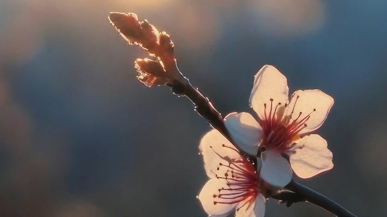 夕暮れ時の桜のクローズアップ動画、柔らかな光とボケ効果を捉えた