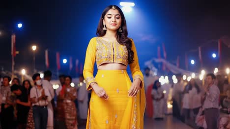 fashion model wearing an elegant yellow dress posing at a night festival with blurred crowd in background, celebrating with sparklers and lights, creating a vibrant and festive atmosphere