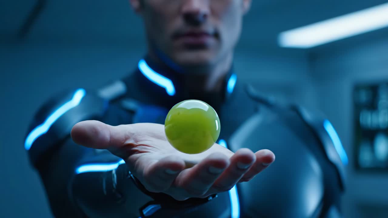 Futuristic man holding a glowing sphere