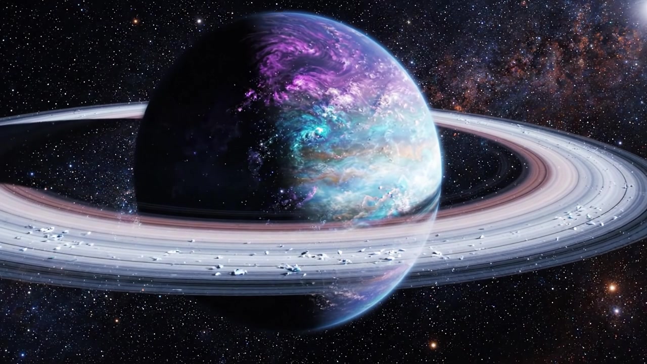 A Stunning Celestial Scene of a Colorful Planet Surrounded by Majestic Rings, Set Against a Backdrop of Stars and Cosmic Wonders in the Universe