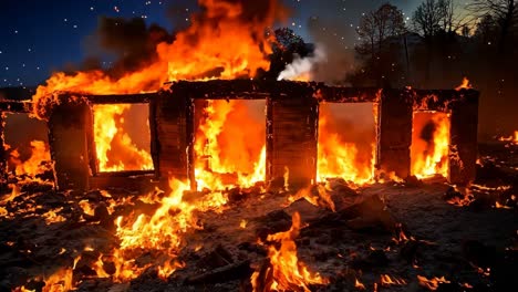 a house is engulfed by flames in the middle of a field