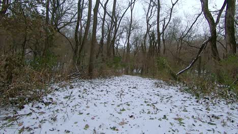 pov from the rear of off road vehicle atv while driving on a snow covered trail through the woods on an cloudy winter afternoon; the trail goes past a log outhouse; point of view