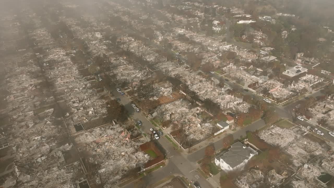 4K aerial of Pacific Palisades after the fire in January 2025, Los Angeles, California, USA.
