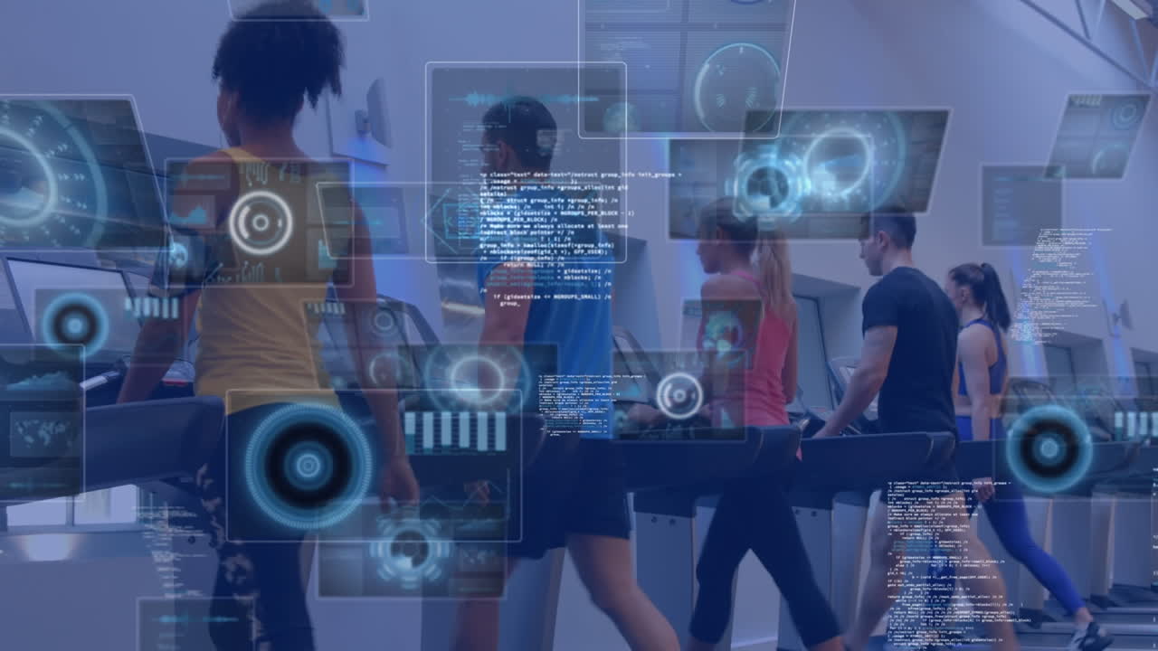Animation of data processing over diverse people exercising in gym