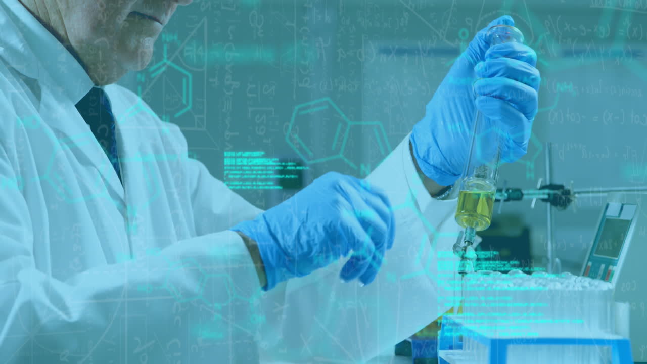 Animation of scientific data processing over hands of caucasian senior male lab worker