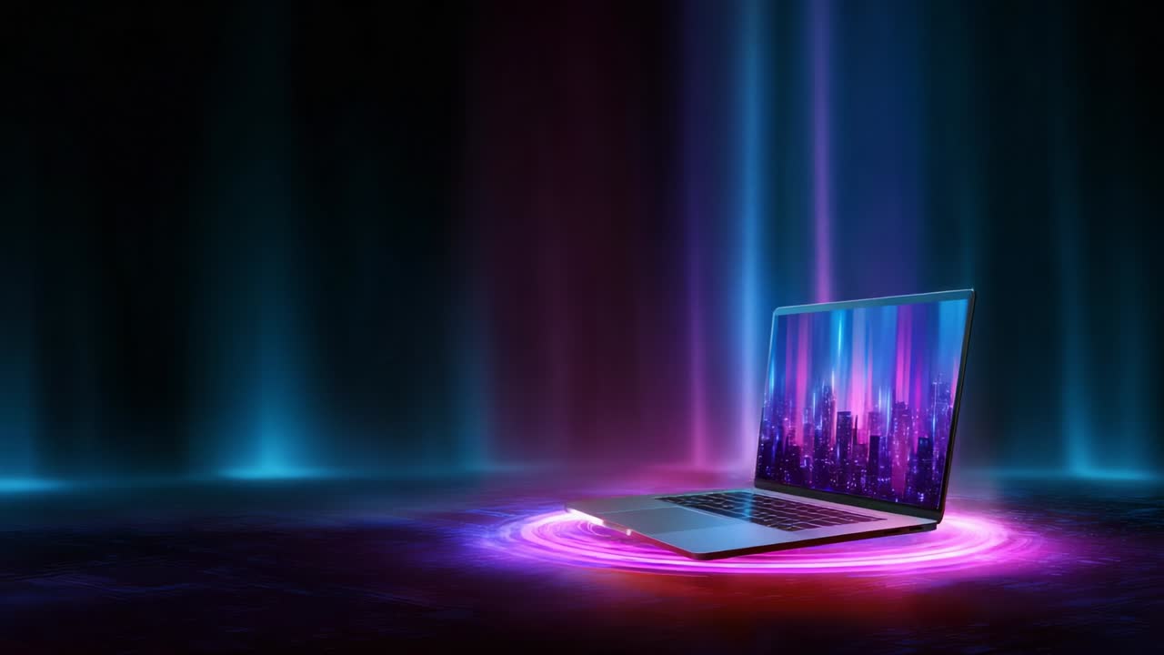 A stunning visual representation of a futuristic laptop emanating radiant light and vibrant colors against a dark backdrop, showcasing technology and innovation in striking digital art design