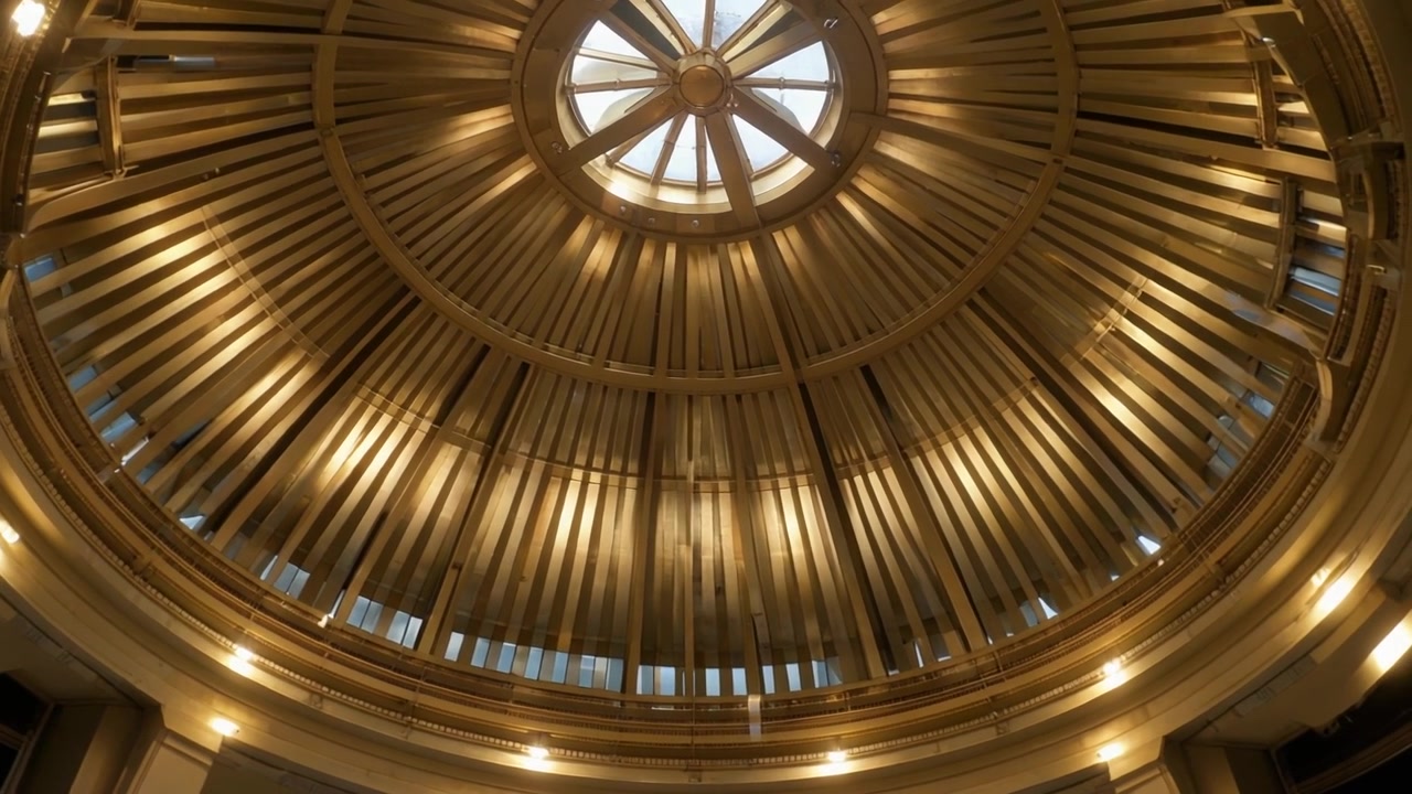 Vista dal basso di un soffitto a cupola architettonico ornato