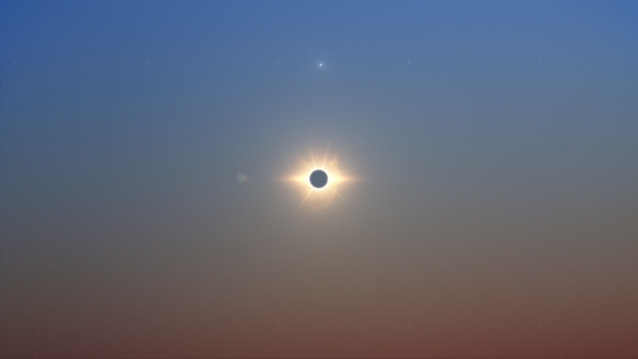 eclipse solar total al atardecer, toma muy amplia