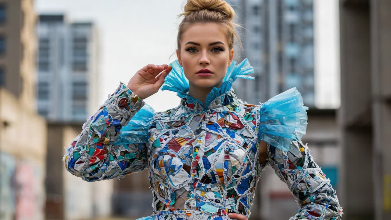 A Sustainable Fashion Statement: A Model Showcases a Stunning Dress Made Entirely from Recycled Materials in an Urban Setting, Highlighting Environmental Awareness and Creativity