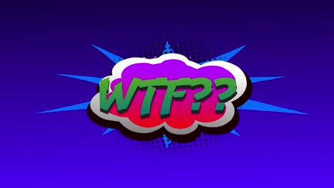 Animation-Von-WTF-Text-Auf-Retro-Sprechblase-über-Reihen-Von-Punkten-Und-Kreisen-Auf-Blauem-Hintergrund