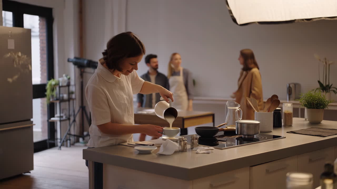 Woman pouring a beverage in a modern kitchen with a studio setup in the background