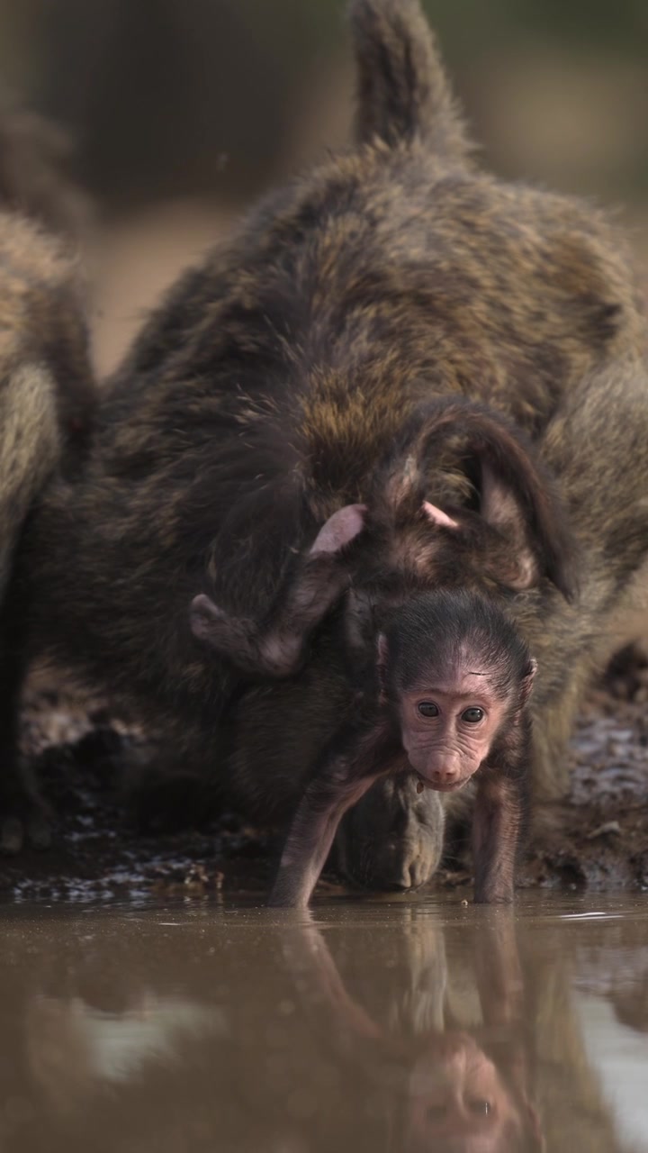 Babuínos bebês e mãe em câmera lenta bebendo em um bebedouro, filhotes fofos de animais de safári no Quênia, África, tomando água em um bebedouro, vida selvagem e natureza africana, vídeo vertical para mídias sociais.