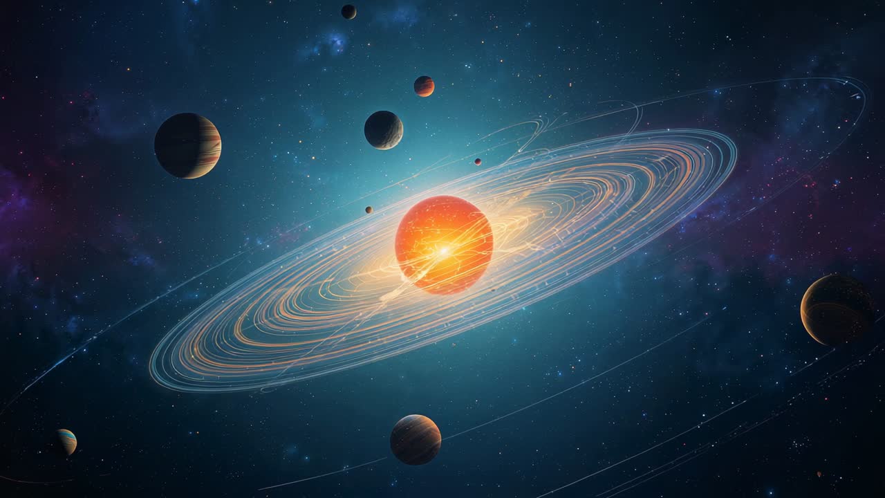 Starting camera orbit around orange star in space, revealing pulsing rings and drifting planets