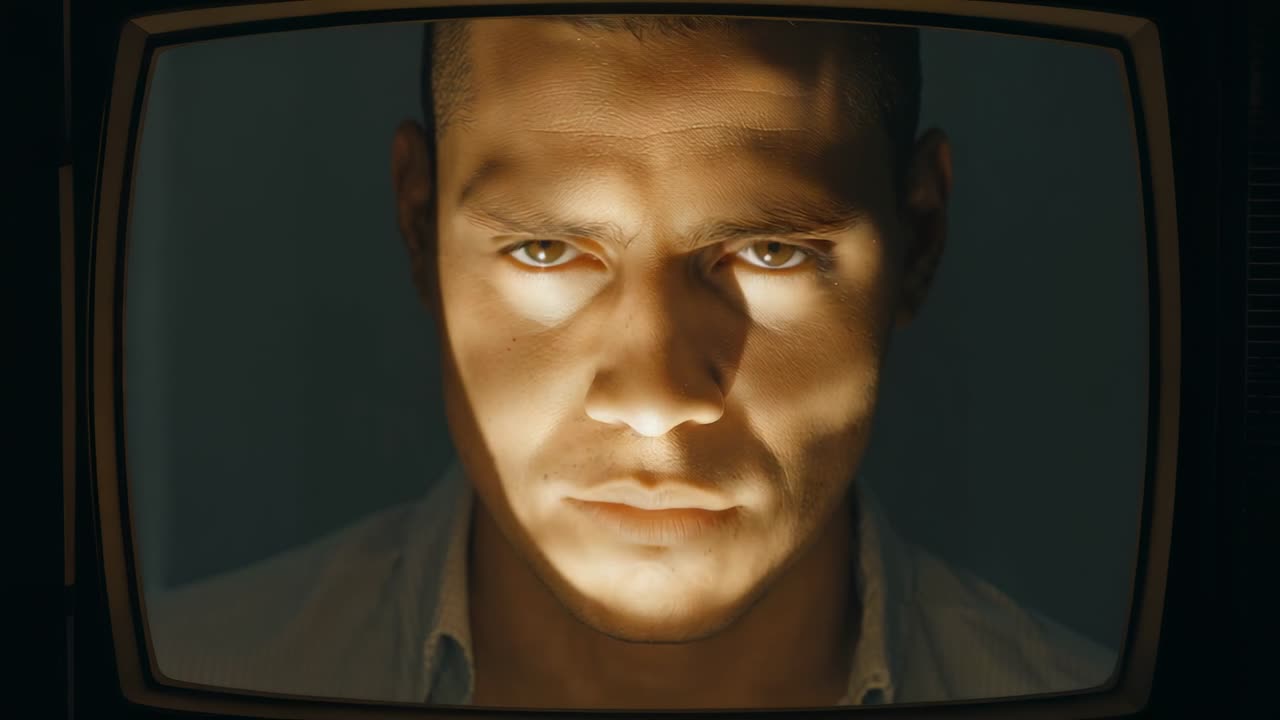 Man raising head as under-light intensifying inside CRT monitor, revealing stern gaze for film