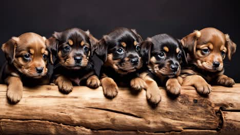 a group of puppies sitting on top of a wooden log