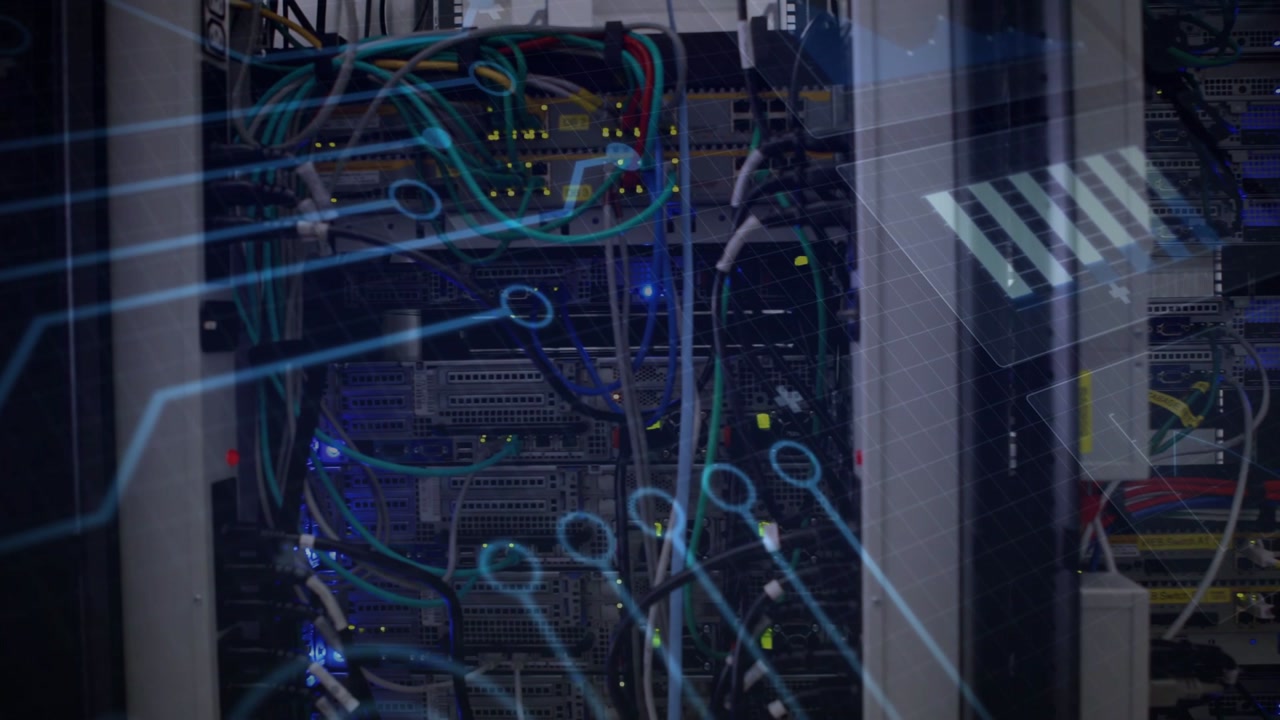 Circuit overlay appearing on second frame, sweeping rack face while LEDs blinking showing data flow