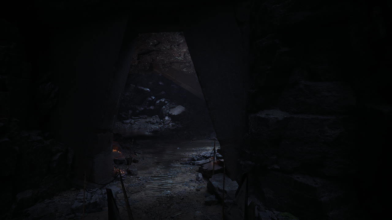 Exploring a mysterious dark cave with flickering firelight and rocky textures