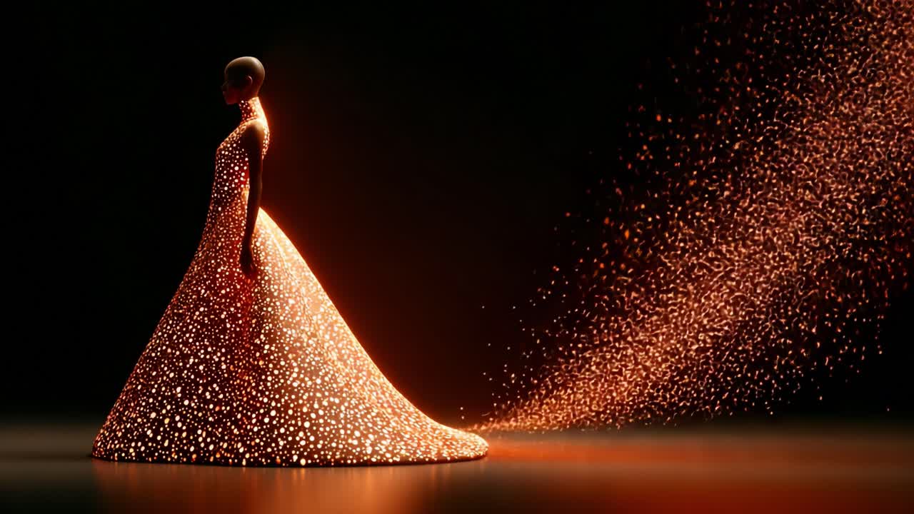 A mesmerizing figure draped in a stunning gown adorned with luminous particles, radiating elegance and beauty, creates a captivating visual spectacle as the dress trails off into a cascade of shimmering light