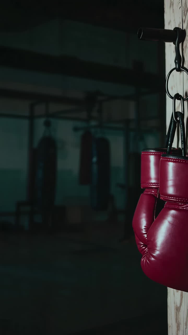 Red Boxing Gloves Hanging in a Gym