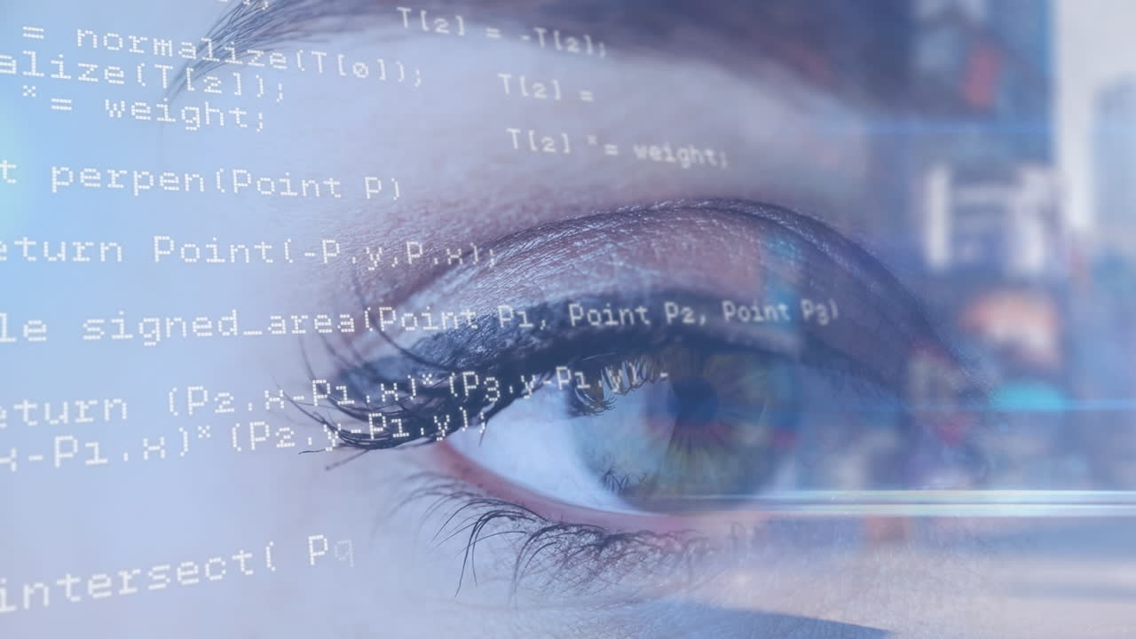 animazione dell'elaborazione dei dati sull'occhio di una donna caucasica