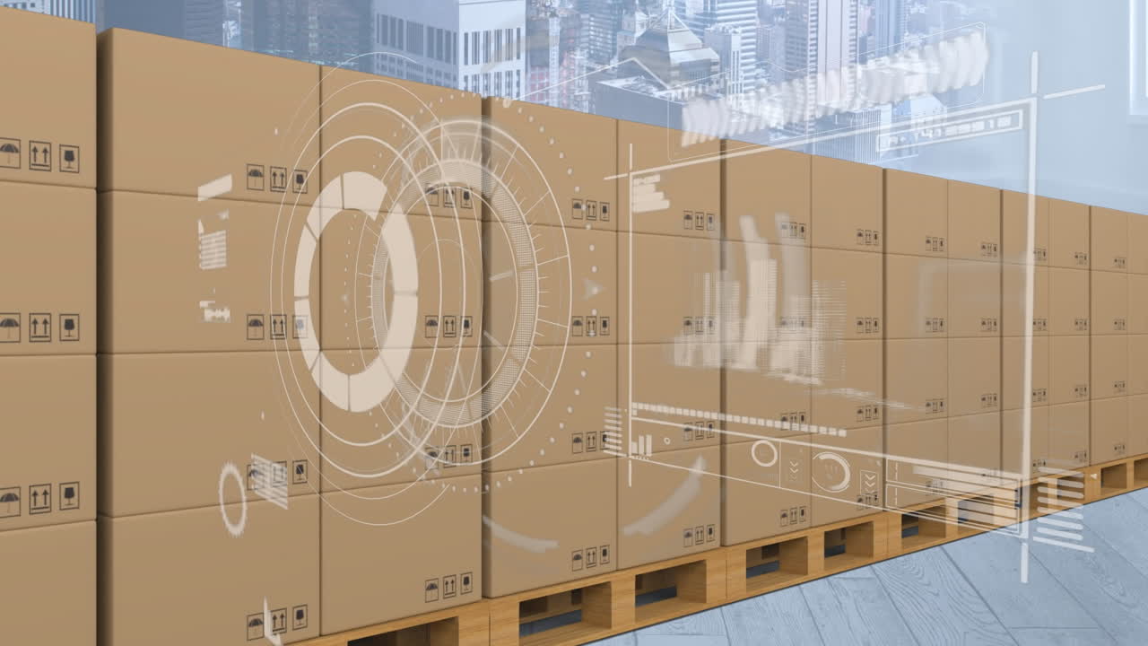 interfaz digital con procesamiento de datos sobre la pila de cajas de entrega contra el paisaje urbano