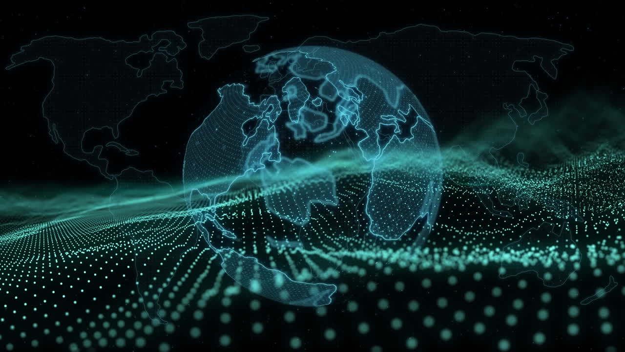 Animation of rotating globe and green glitter on black background