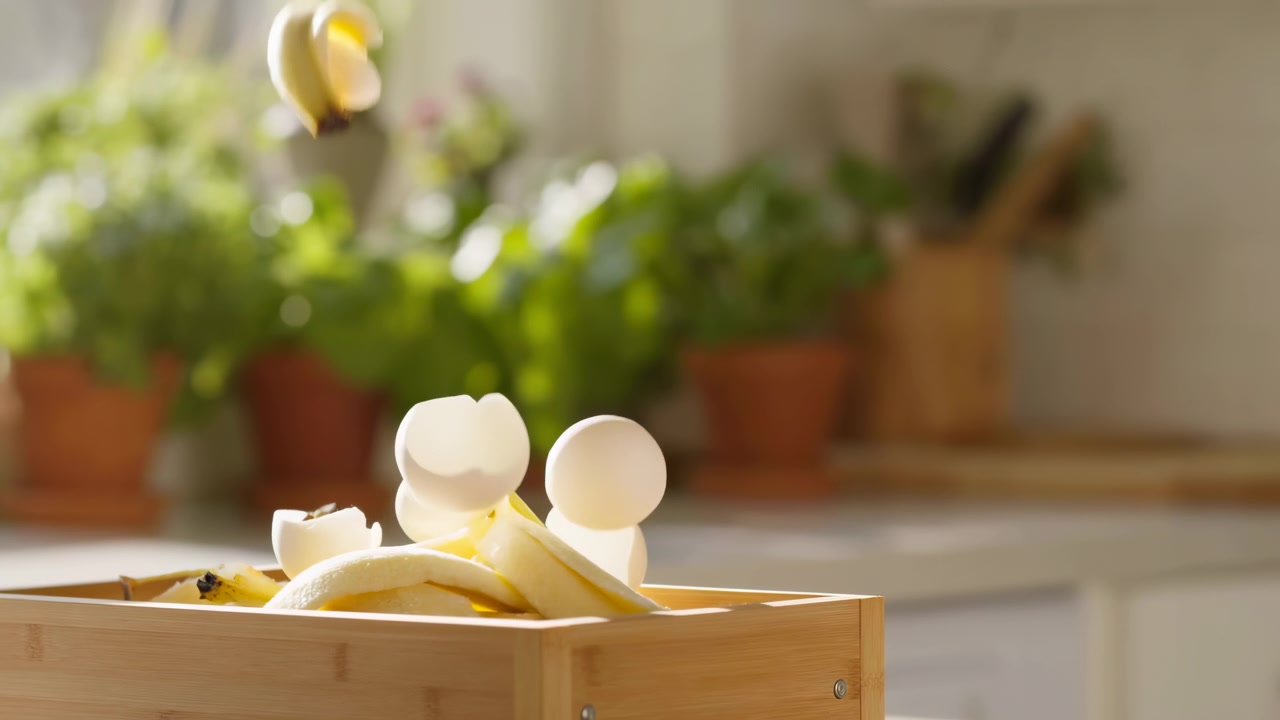 Close-up van een gele bananenschil die rust in een kleine houten kist op de voorgrond, met zacht zonlicht, vervaagde potplanten en een heldere binnenachtergrond