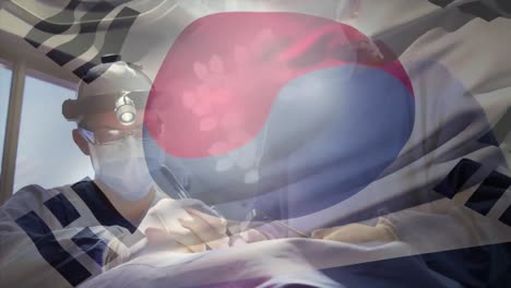 Animation-of-flag-of-south-korea-waving-over-surgeons-in-operating-theatre