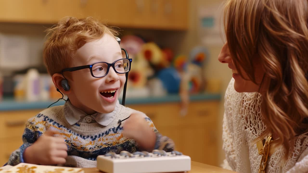 A joyful interaction between a young boy wearing glasses and a caring adult, showcasing their connection through an engaging activity in a warm, inviting environment filled with colorful toys