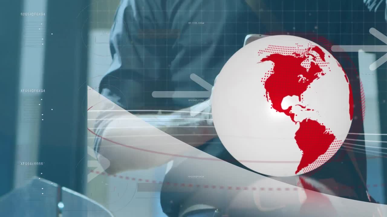 animación del procesamiento de datos en todo el mundo y hombre biracial usando teléfono inteligente.