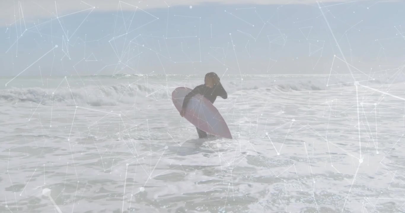 Vertical video: Lady surfer with shortboard heading shore as waves pushing tech overlay over surfer