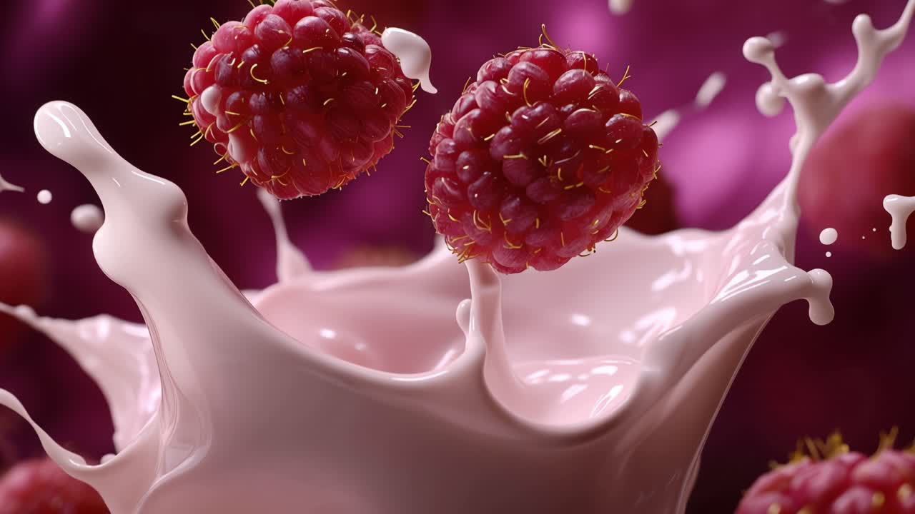 Fresh Raspberries Splashing into Creamy Pink Yogurt