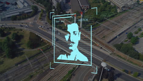 animation of biometric photo and data processing over roads