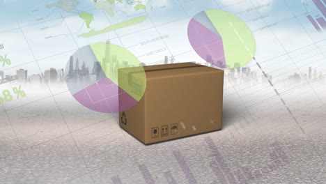 animación del procesamiento de datos sobre caja y paisaje urbano