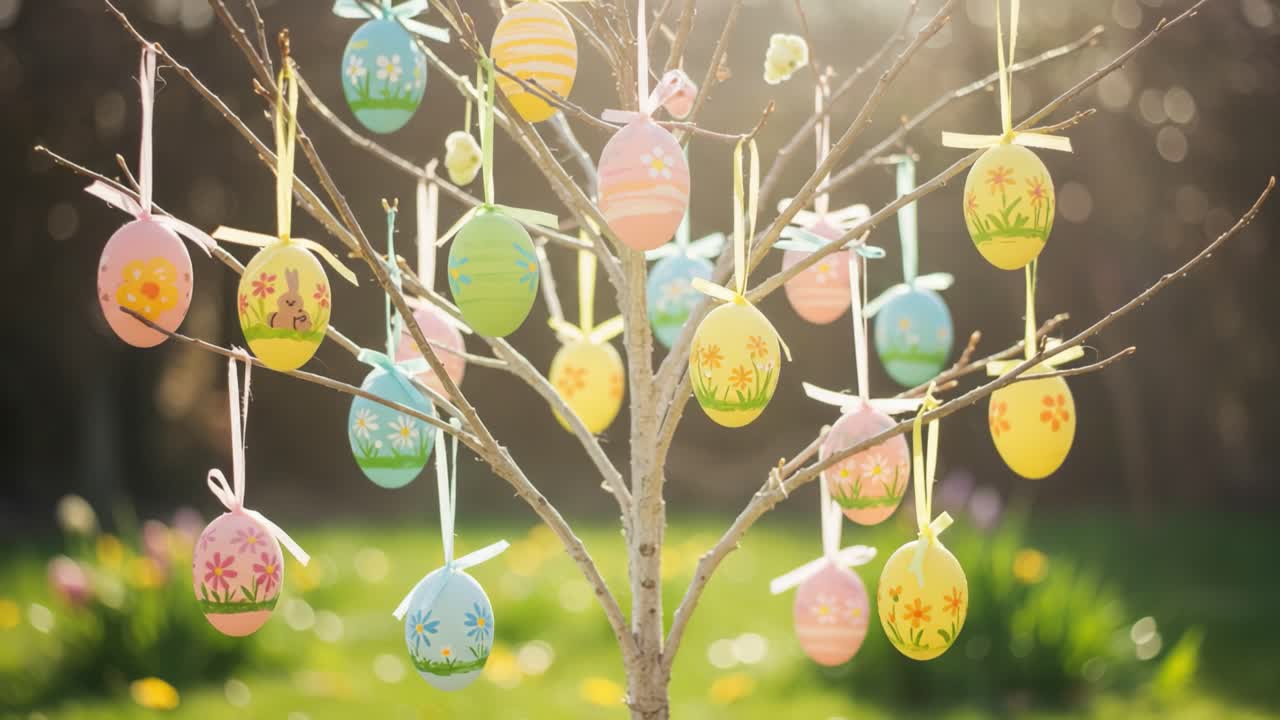 The Vibrant Display of Easter Eggs Hanging Delicately on a Tree Branch, Bathed in Soft Natural Light, Signifying Spring's Arrival and Festive Celebrations