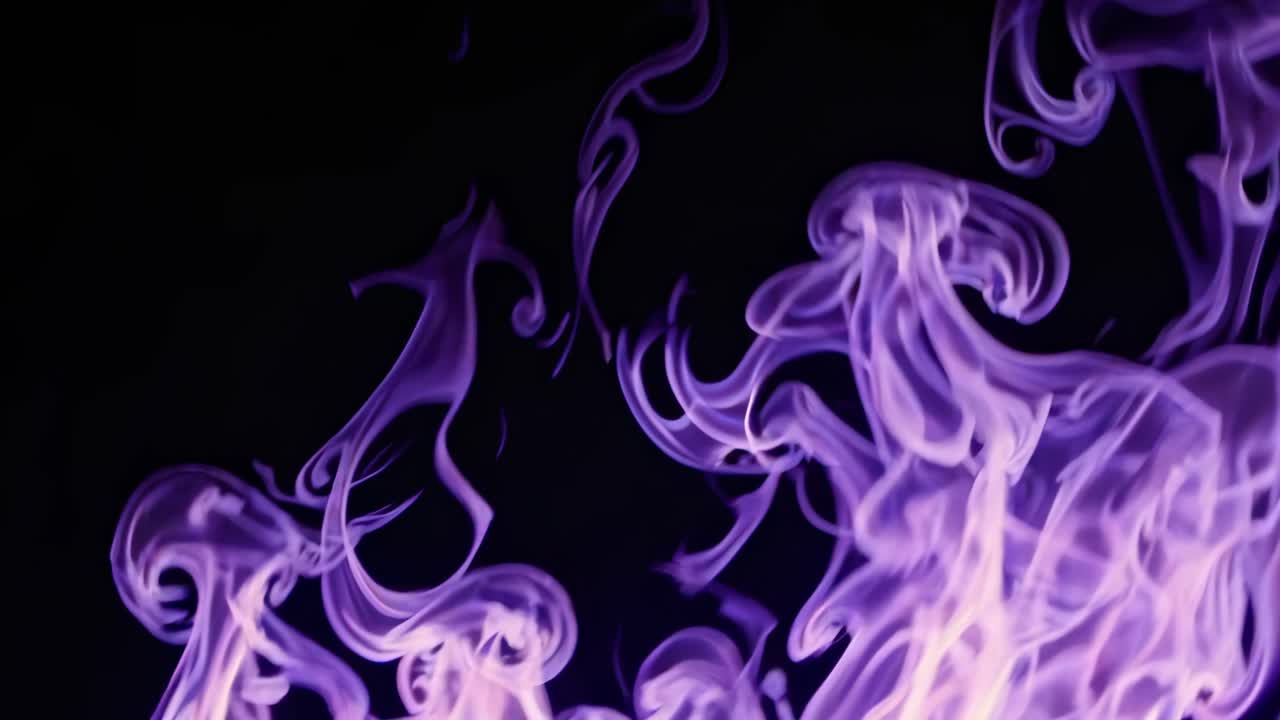 A mesmerizing video still of swirling purple flames against a black background, captured from a low