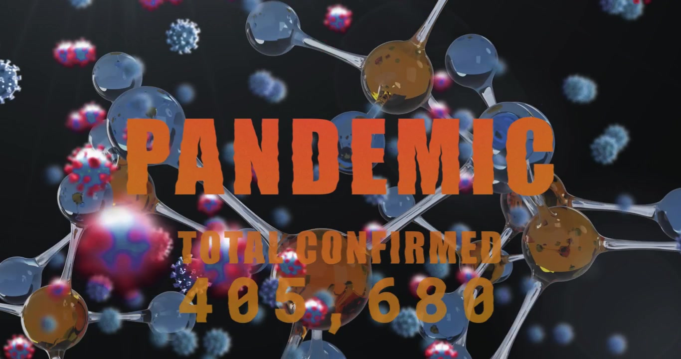 Animazione di cellule virali su forme e testo pandemia.