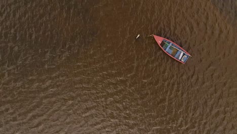 vista aérea de 4k de un pequeño bote de madera amarrado en la ría de aveiro, drone mirando hacia abajo sobre el bote que se mueve lentamente en la corriente del río