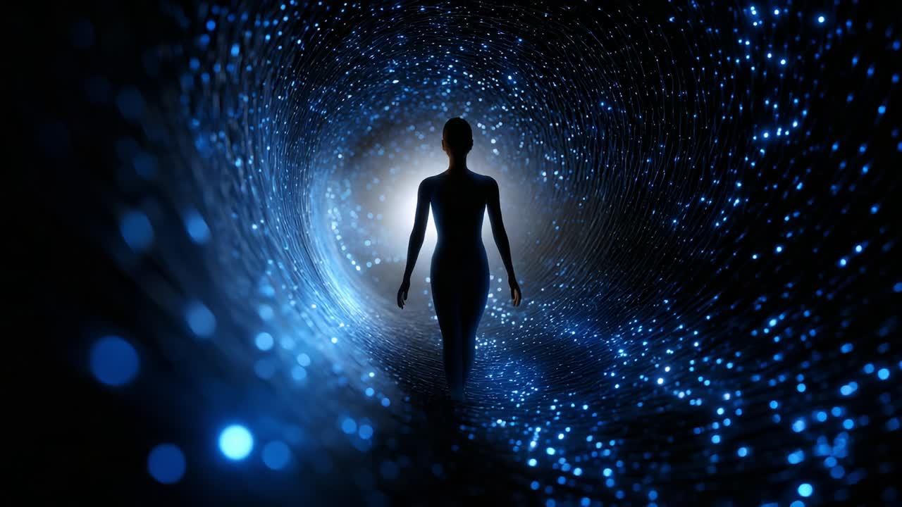 A Mysterious Journey Through a Cosmic Tunnel: An Ethereal Figure Walking Amidst a Sea of Glimmering Stars and Illuminated Particles, Symbolizing Exploration and the Infinite Depths of Connection