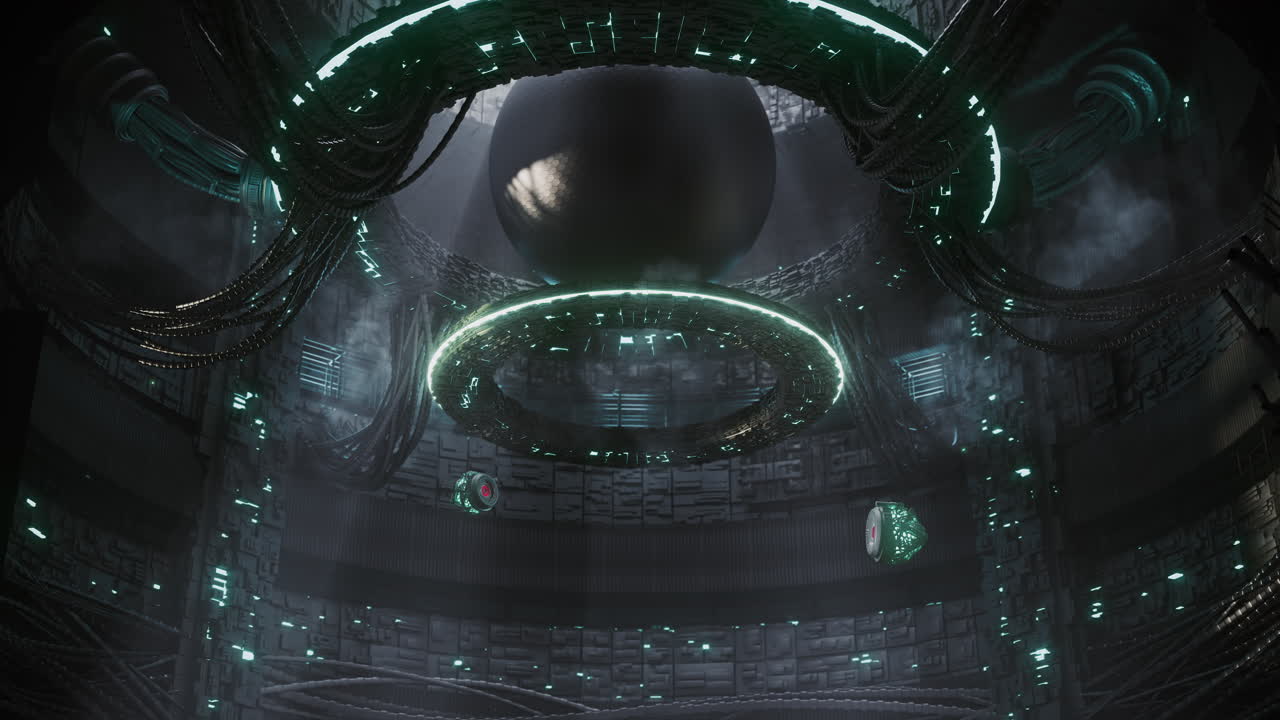 bola pulsante de energía futurista en una sala redonda con cables y drones voladores con láseres