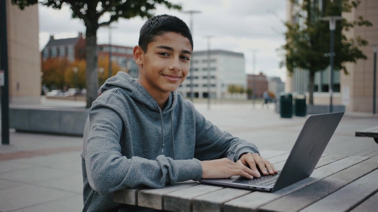 Un adolescente con felpa grigia digita su un laptop aperto, si gira verso la telecamera sorridendo in una piazza, con la telecamera che zooma.
