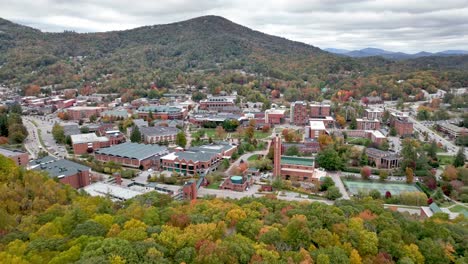 aerial push in in fall to the appalachian state university campus